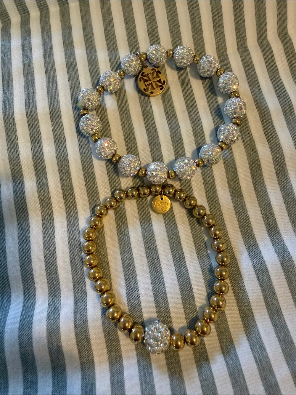 Rustic Cuff 2 Gold & White Crystal Bead Stretch Bracelets